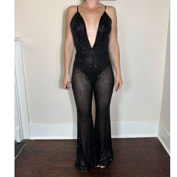FashionNova Reach For The Stars Sequin Jumpsuit - Black Size XL NWT! - Picture 4 of 5